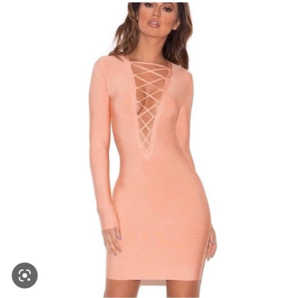 House of CB Peach Long Sleeve Lace-Up Plunge Bodycon Dress